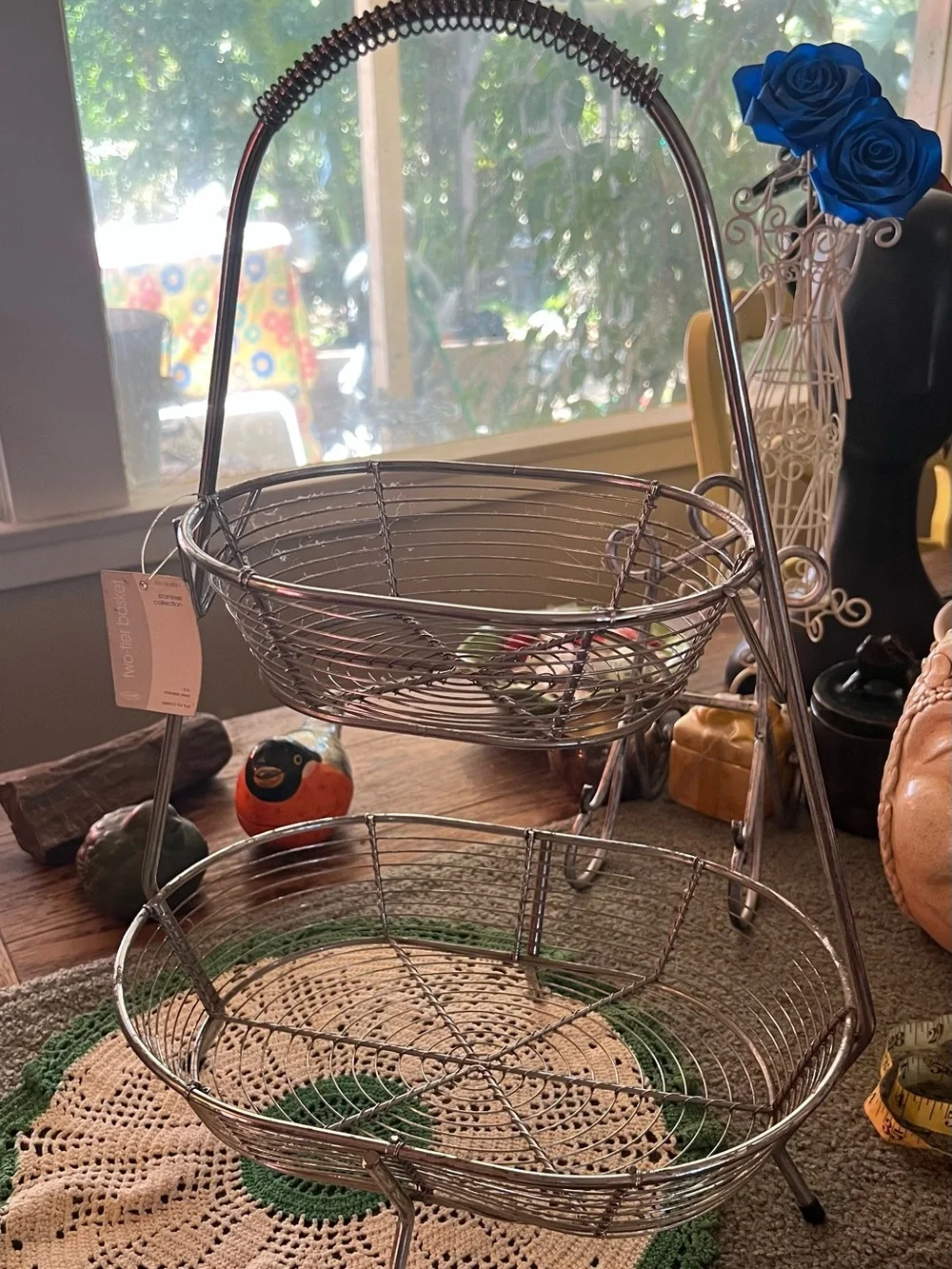 NOS Unique Oval Shaped Two-Tier Wire Basket Stand Stainless Steel Farmhouse
